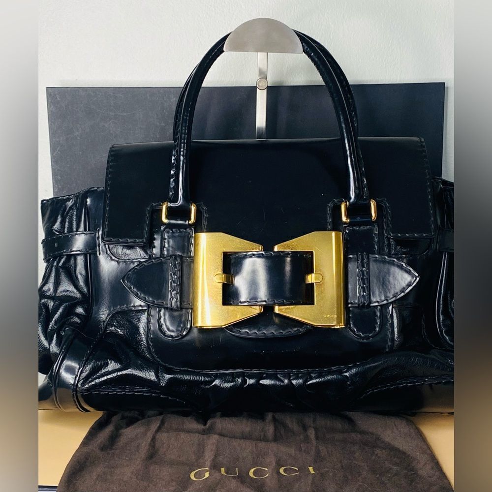 Gucci Black Patent Leather Bag with Gold Bow Buckle w Cert of Authenticity